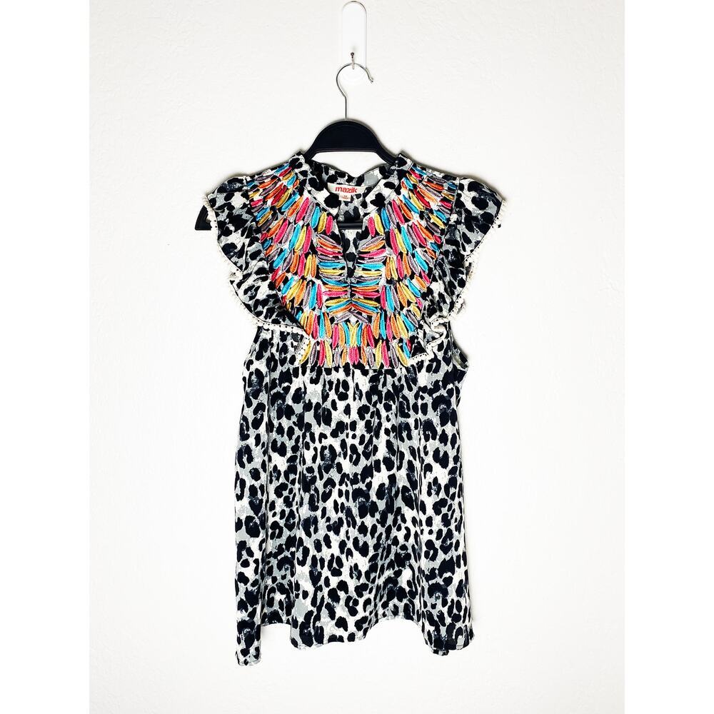 Mazik Womens Black White Leopard Print Blouse Colorful Embroidery Flutter Sleeve